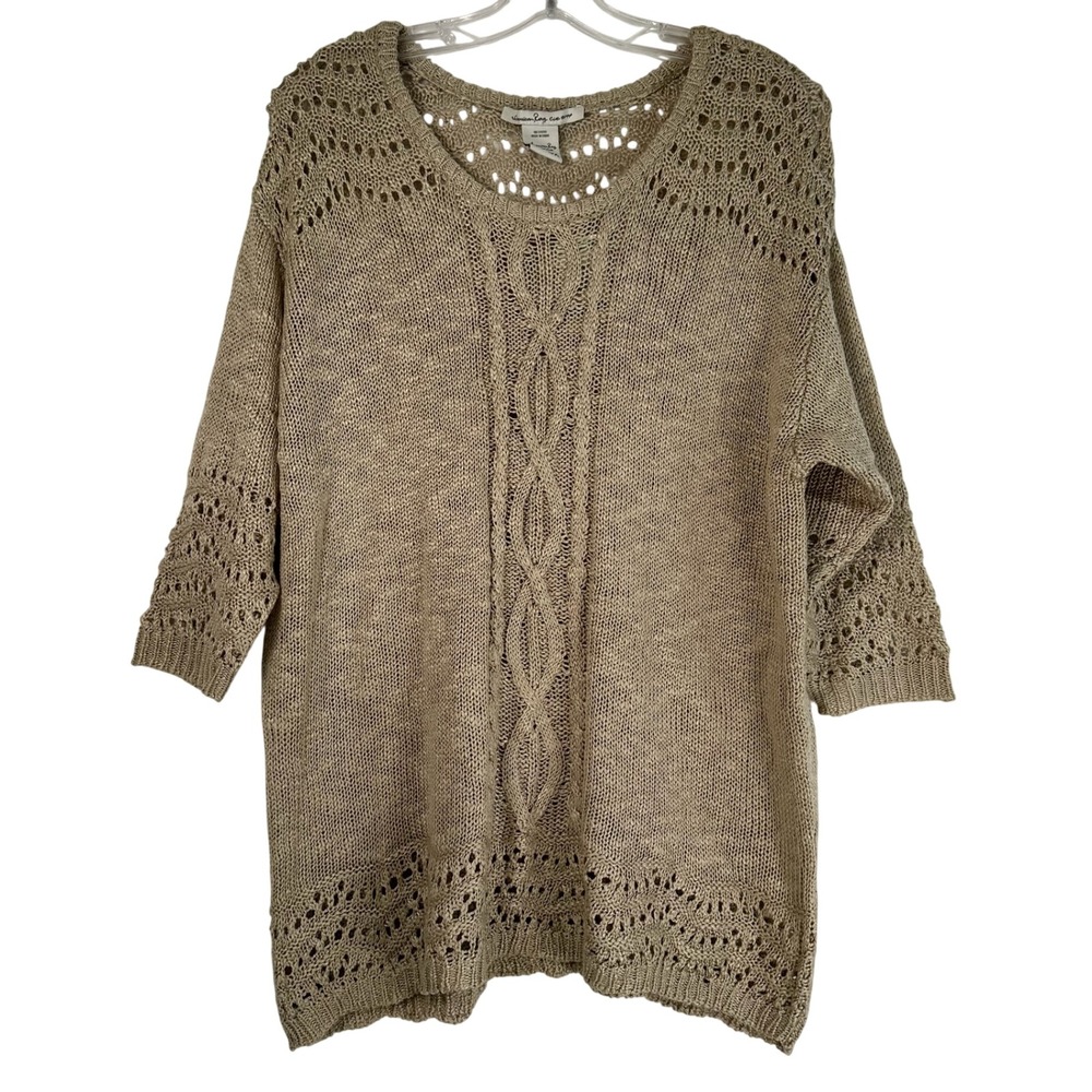 American Rag Oatmeal Cable Pointelle Open Knit Sweater 0X P3HS820M 3/4 Sleeve